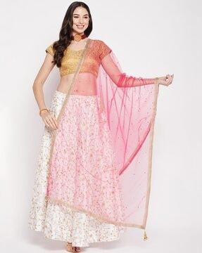 embellished net dupatta with lace border