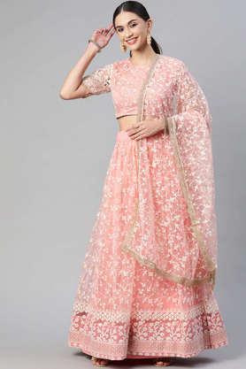 embellished net round neck women's lehenga choli dupatta set - pink