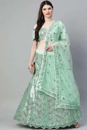 embellished net round neck women's lehenga choli set - green