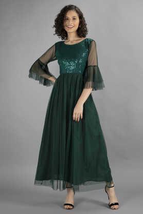 embellished net round neck women's maxi dress - green