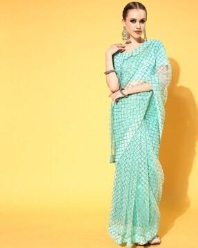 embellished net saree with geometric pattern