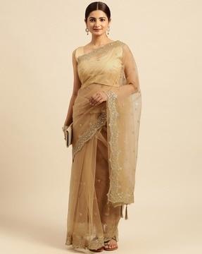 embellished net saree with tassels