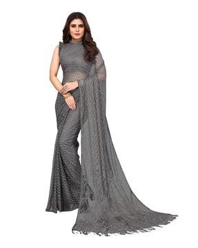 embellished net saree with tassels