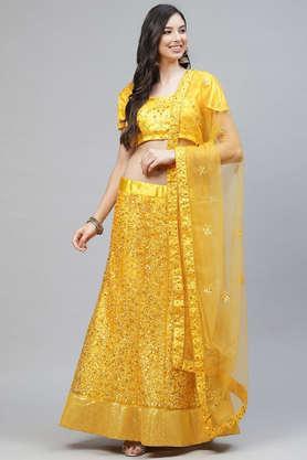 embellished net scoop neck women's lehenga choli dupatta set - yellow