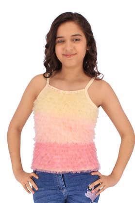 embellished net square neck girls top - cream