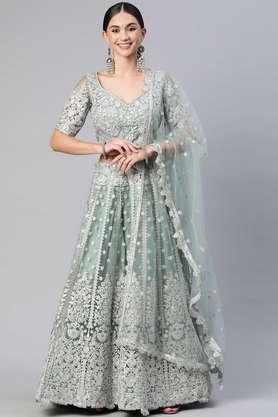 embellished net women's lehenga choli set - green