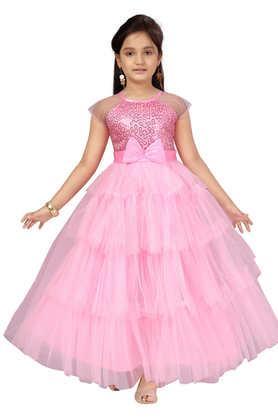 embellished nylon round neck girls party wear gown - pink