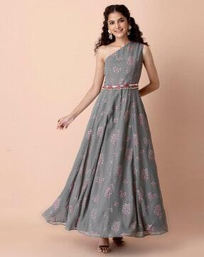 embellished one shoulder belted maxi kurta