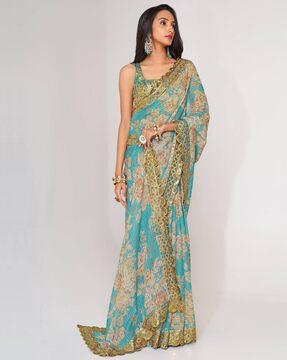 embellished organza saree with scalloped hem