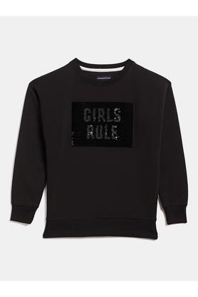embellished poly cotton round neck girls sweatshirt - black