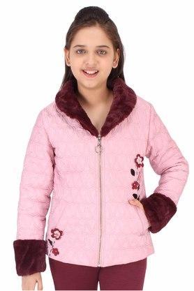 embellished polyester and fur collar neck girls jacket - pink