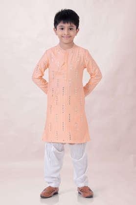 embellished polyester ankle length boyss kurta pyjama set - peach