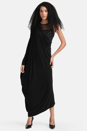 embellished polyester blend round neck women's maxi dress - black