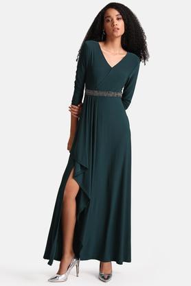 embellished polyester blend round neck women's maxi dress - green