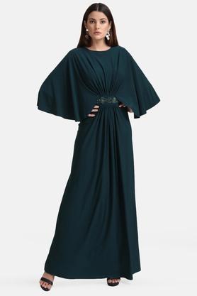 embellished polyester blend round neck women's maxi dress - green