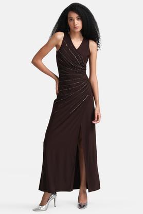 embellished polyester blend v neck women's maxi dress - coffee