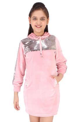 embellished polyester hood girls casual wear dress - pink