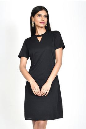 embellished polyester key hole neck women's mini dress - black