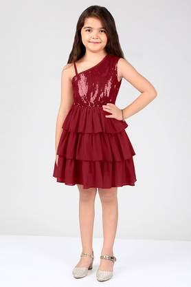 embellished polyester one shoulder girls dress - maroon