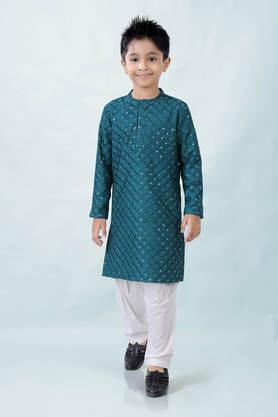 embellished polyester regular fit boys kurta pyjama set - green