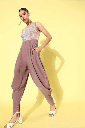 embellished polyester relaxed fit womens regular jumpsuit - lavender