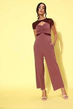 embellished polyester relaxed fit womens regular jumpsuit - mauve