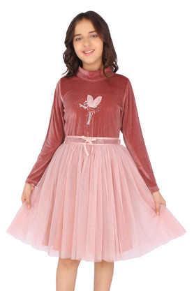 embellished polyester round neck girls casual wear dress - dusty pink