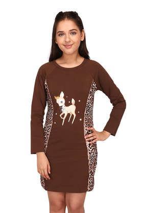 embellished polyester round neck girls dress - brown