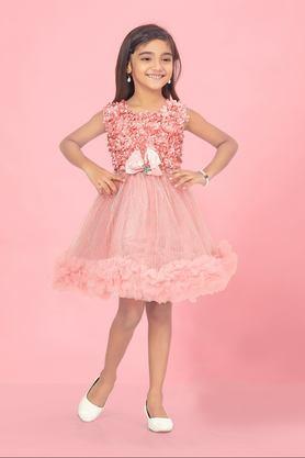 embellished polyester round neck girls party wear dress - peach