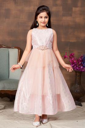 embellished polyester round neck girls party wear gown - peach