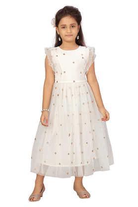 embellished polyester round neck girls party wear gown - white