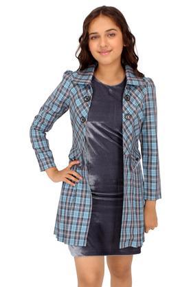 embellished polyester round neck girls party wear shift dress with full sleeves checkered long coat - grey