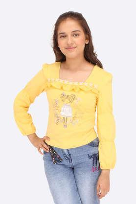 embellished polyester round neck girls top - yellow