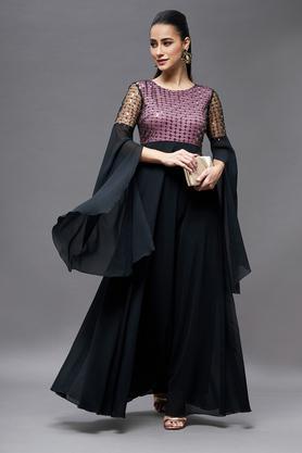 embellished polyester round neck women's knee length dress - black