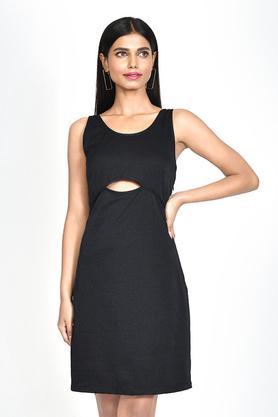 embellished polyester round neck women's mini dress - black