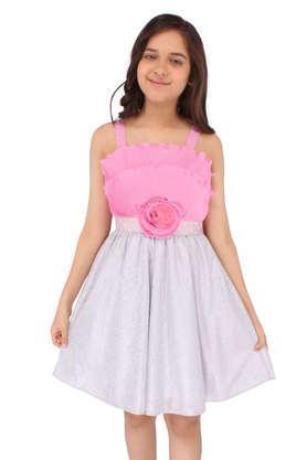 embellished polyester square neck giri's casual wear dress - pink