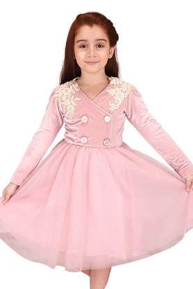 embellished polyester v neck girls dress - dusty pink
