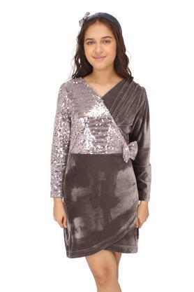 embellished polyester v-neck girls party wear wrap style shift dress - grey