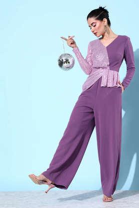 embellished polyester v neck women's jumpsuit - lavender
