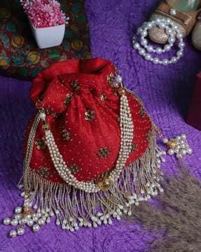 embellished potli bag with detachable pearl chain