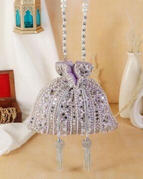 embellished potli bag with detachable pearl chain