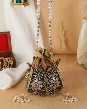 embellished potli bag with detachable pearl chain