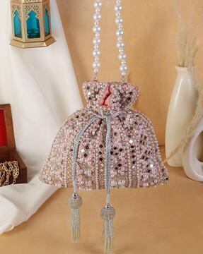 embellished potli bag with detachable pearl chain