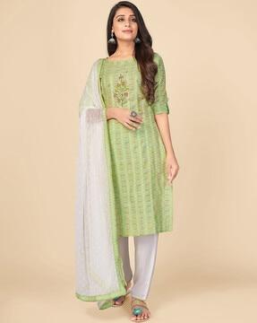 embellished printed straight kurta set with dupatta