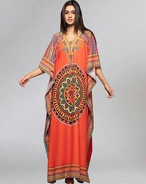 embellished printed v-neck kaftan dress