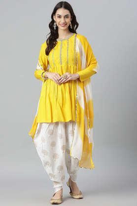 embellished rayon round neck women's dhoti set - mustard