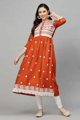 embellished rayon round neck women's festive wear kurta - rust