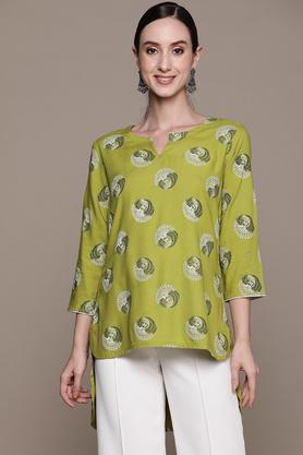 embellished rayon round neck women's tunic - green