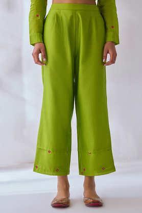 embellished regular fit chanderi women's casual wear trousers - lime green