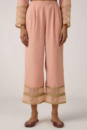 embellished regular fit cotton women's casual wear trousers - pink